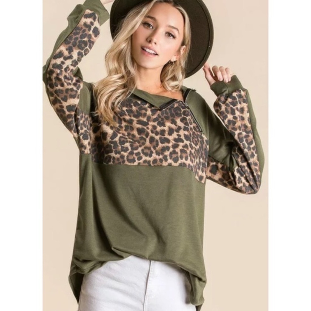 Olive Leopard Raglan Zipper Pullover Top - Picture 11 of 11